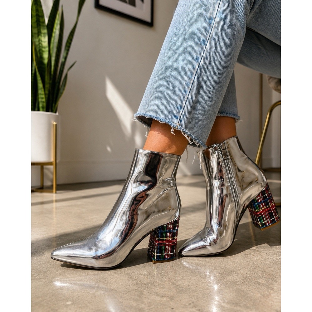 Betsey Johnson Kassie Women's Ankle Bootie Silver Plaid PU Pointed Toe Zip 7